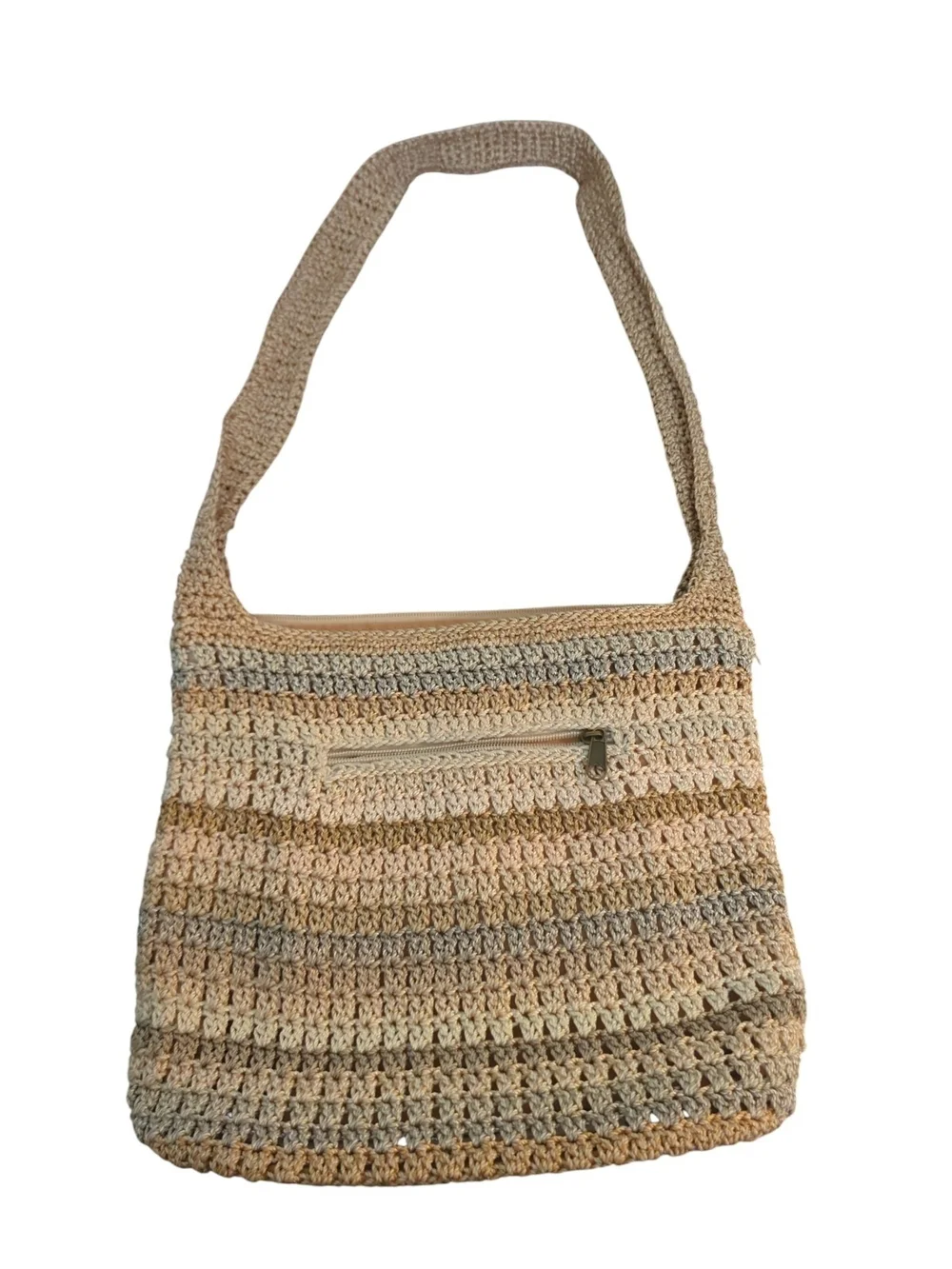 The Sak Crochet Hobo Shoulder Bag Neutral Striped Knit Boho Slouch Crossbody